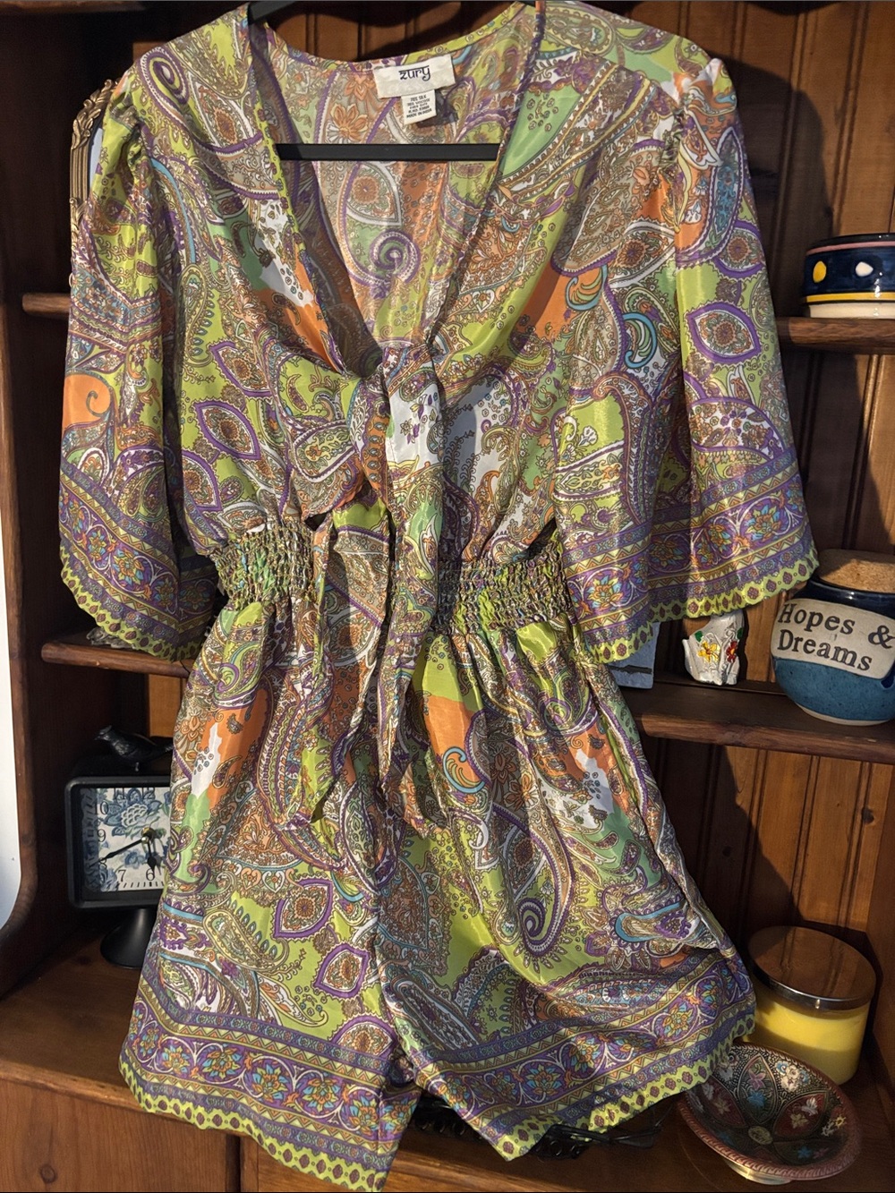 Paisley Tie-Front Short Sleeve Dress Romper in Green & Orange